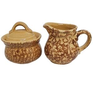 Vintage Pfaltzgraff USA Spongeware Gold Brown Creamer and Sugar Bowl w/Lid Set